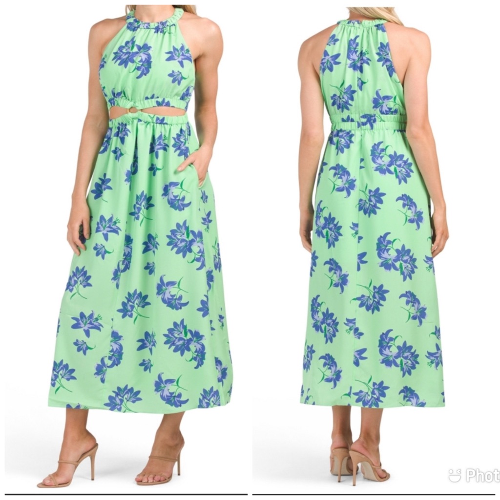 New Likely Karrica Maxi Dress Blue Green Floral Print Cut- Out Halter Size 8